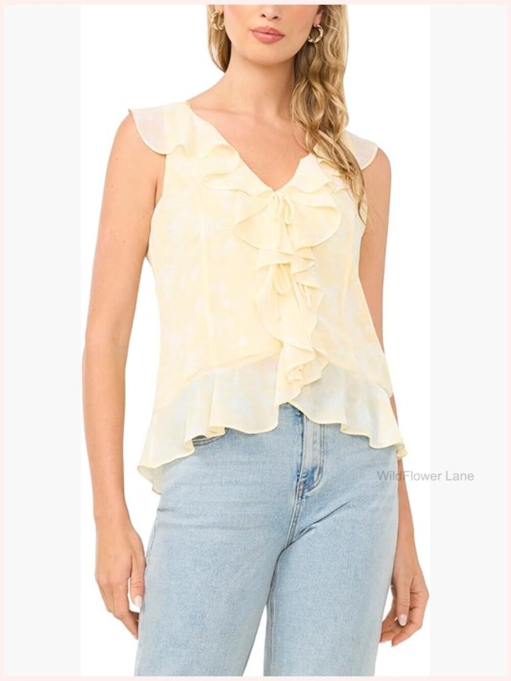V-Neck Ruffle Sleeveless Blouse with Lined Construction and Flattering